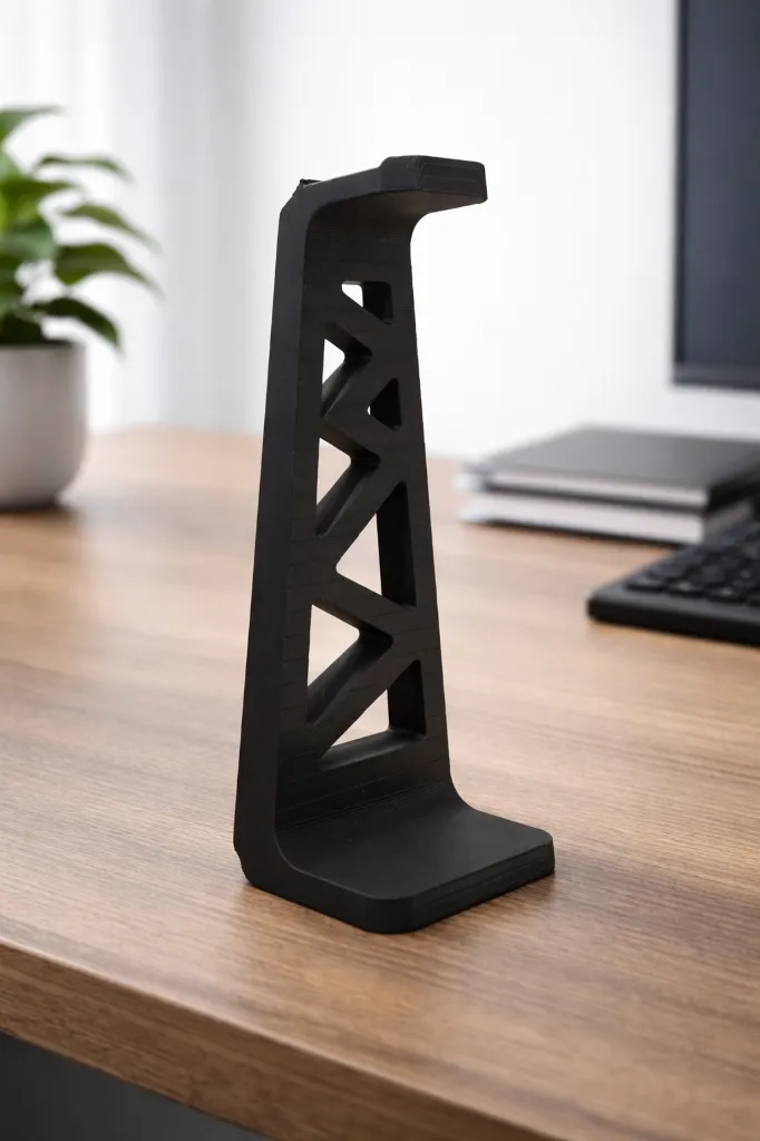 Geometric black headphone stand on desk.webp