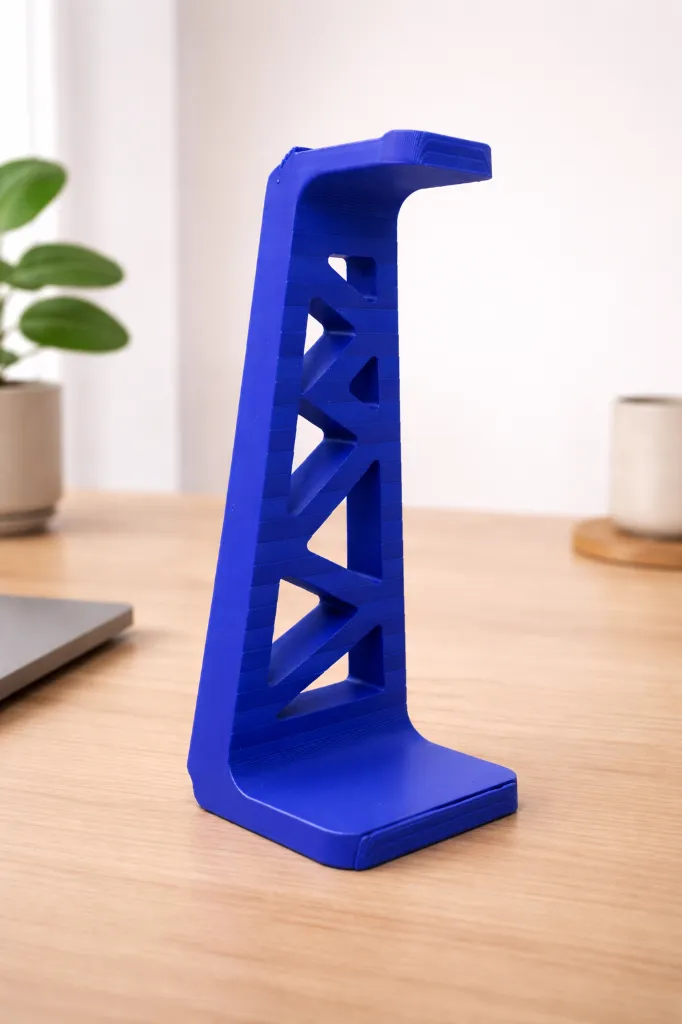 Vibrant blue headphone stand on desk.webp